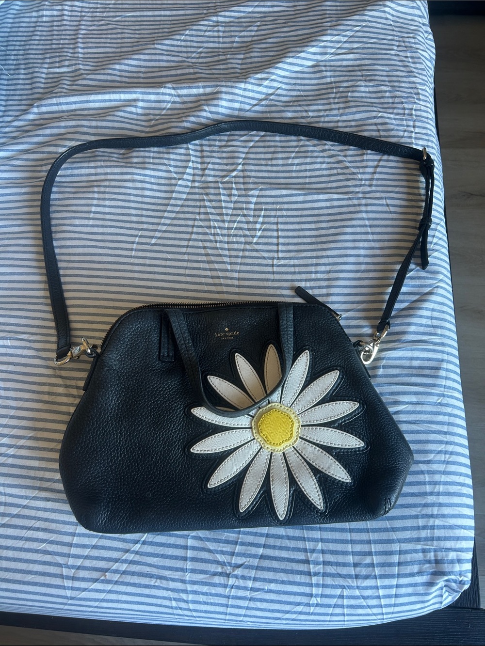 kate spade Black Leather Crossbody with White and Yellow Daisy Applique